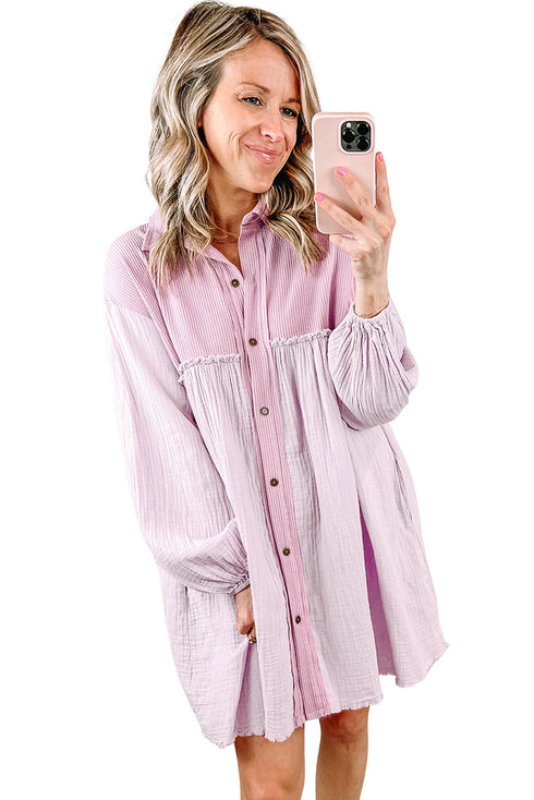 Patchwork Crinkle Puff Sleeve Shirt Dress